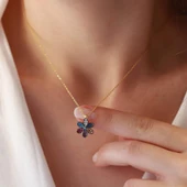 Renkli Zirkon Taşlı Gold Kaplama Çiçek Model Gümüş Kolye thumbnail 1