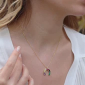 Renkli Zirkon Taşlı Gold Kaplama Şans Nalı Gümüş Kolye thumbnail 5