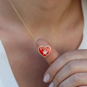 Kırmızı Mine İşli Yıldız Charmlı Gold Kaplama Gümüş Kolye thumbnail 3