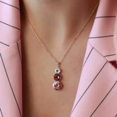Round Kesim 3 Taşlı Rose Gold Kaplama Gümüş Kolye thumbnail 1