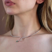 Yeşil Zirkon Taşlı Serpent Choker Gümüş Kolye - 2