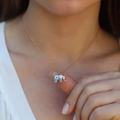 Açık Mavi Mine İşli Rose Gold Kaplama Bereket Fili Gümüş Kolye thumbnail 3