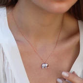 Açık Mavi Mine İşli Rose Gold Kaplama Bereket Fili Gümüş Kolye thumbnail 4