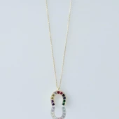 Renkli Zirkon Taşlı Gold Kaplama Şans Nalı Gümüş Kolye thumbnail 3