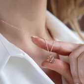 Mini Kelebek Renkli Zirkon Taşlı Rose Gold Kaplama Gümüş Kolye thumbnail 3