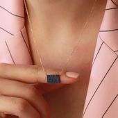 Lacivert Zirkon Taşlı Rose Gold Kaplama Mini Dikdörtgen Gümüş Kolye thumbnail 1