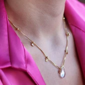 Damla Taşlı Gold Kaplama Trend Gümüş Kolye thumbnail 2