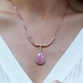 Pembe Kuvars Taşlı Asansör Zincirli Rose Gold Kaplama Gümüş Kolye thumbnail 4