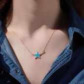 Mavi Yıldız Zirkon Taşlı Gold Kaplama Mine İşli Gümüş Kolye thumbnail 3