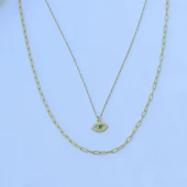 Göz Modeli 2 Zincirli Gold Kaplama Trend Gümüş Kolye thumbnail 4