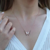 Kelebek Modeli Renkli Zirkon Taşlı Rose Gold Kaplama Gümüş Kolye thumbnail 1