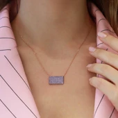 Mor Zirkon Taşlı Rose Gold Kaplama Dikdörtgen Gümüş Kolye thumbnail 1