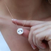 Zirkon Taşlı Mine İşli Göz Modeli Rose Gold Kaplama Gümüş Kolye thumbnail 3