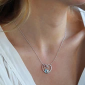 Turkuaz Taşlı Kalpli Anne Bebek Ayak İzi Gümüş Kolye thumbnail 1