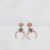 Rose Gold Kaplama Renkli Zirkon Taşlı Ay Modeli Gümüş Küpe thumbnail 2