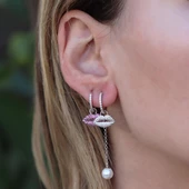 Pembe Zirkon Taşlı Dudak Figürlü Sallantılı İnci Gümüş Küpe thumbnail 2