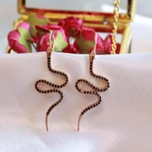 Siyah Zirkon Taşlı Rose Gold Kaplama Yılan Gümüş Küpe thumbnail 3
