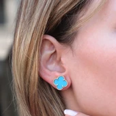 İkonik Alhambra Modeli Mavi Mine İşli Gold Kaplama Gümüş Küpe thumbnail 1