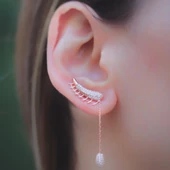Kulağı Saran Sallantılı Zirkon Taşlı Rose Gold Kaplama Gümüş Küpe thumbnail 4