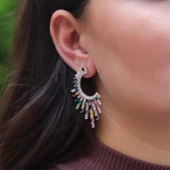 Renkli Zirkon Taşlı Güneş Tasarım Gümüş Küpe thumbnail 2