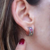 Renkli Zirkon Taşlı Baget Rose Gold Kaplama Gümüş Küpe thumbnail 1