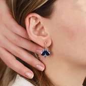 Yonca Figürlü Mavi Metalik Gold Kaplama Gümüş Küpe - 2