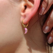 Mor Ay Mine İşli Gold Kaplama Gümüş Halka Küpe thumbnail 2