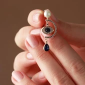 Mavi Zirkon Taşlı İncili Rose Gold Kaplama Monaco Modeli Gümüş Göz Küpe thumbnail 3