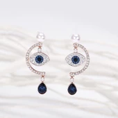 Mavi Zirkon Taşlı İncili Rose Gold Kaplama Monaco Modeli Gümüş Göz Küpe thumbnail 1