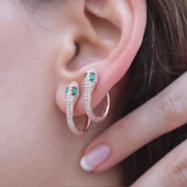 Yeşil Gözlü Rose Gold Kaplama Zirkon Taşlı Yılan Gümüş Küpe thumbnail 2