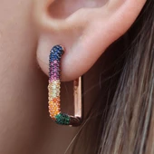 Renkli Zirkon Taşlı Dörtgen Rose Gold Kaplama Gümüş Küpe thumbnail 2