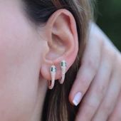 Yeşil Gözlü Rose Gold Kaplama Zirkon Taşlı Yılan Gümüş Küpe thumbnail 1