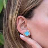 İkonik Alhambra Modeli Mavi Mine İşli Gold Kaplama Gümüş Küpe thumbnail 2