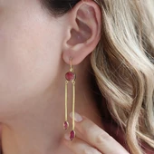 Kök Yakut Taşlı Gold Kaplama Sallantılı Otantik Gümüş Küpe - 4