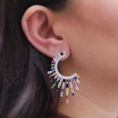 Renkli Zirkon Taşlı Güneş Tasarım Gümüş Küpe thumbnail 1