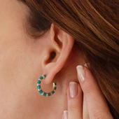 Yeşil Mine İşli Gold Kaplama Gümüş Halka Küpe thumbnail 2