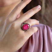 Kök Yakut Taşlı El İşi Gümüş El İşi Otantik Yüzük - 1