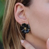 Siyah Mine İşli Gold Kaplama Çiçek Gümüş Küpe thumbnail 1