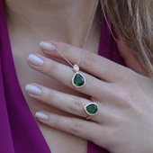 Kök Zümrüt Taşlı Rose Gold Kaplama Damla Gümüş Takım - 1