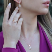 Baget Kesim Oval Montürlü Zirkon Taşlı Rose Gold Kaplama Gümüş Set thumbnail 1