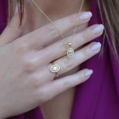 Baget Kesim Oval Montürlü Zirkon Taşlı Gold KaplamaGümüş Set thumbnail 3