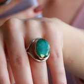 Kök Zümrüt Taşlı El İşi Otantik 925 Ayar Gümüş Yüzük thumbnail 2