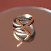 Çapraz Model Gold Çizgili El İşi Gümüş Yüzük thumbnail 2