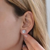 Kare Taşlı Swarovski Gümüş Tektaş Küpe - 3