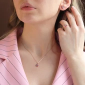 Renkli Swarovski Taşlı Oval Minimal Gümüş Set - 1
