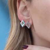 Karo Çift Taraflı Renkli Mine İşli Gümüş Küpe thumbnail 1