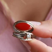 Yaprak Tasarım Kırmızı Mercan Taşlı El İşi Gümüş Yüzük thumbnail 2