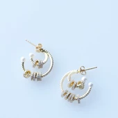 İncili Hareketli Halkalı Zirkon Taşlı Gold Kaplama Gümüş Küpe thumbnail 2