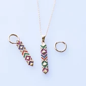 Apm Modeli Gold Kaplam Renkli Zirkon Taşlı Gümüş Set thumbnail 2