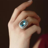 Zirkon Taş Çerçeveli Aquamarin Taşlı  Gümüş Yüzük thumbnail 3